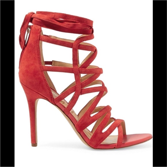 Sam Edelman Alba Red Suede Leather Strappy Caged Open Toe High Heel Sandals 9 - Picture 6 of 13
